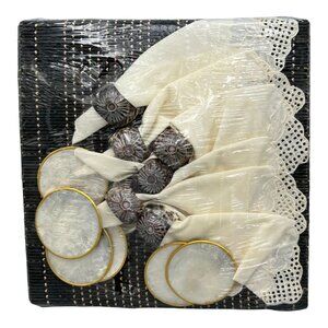 24 Pc Capiz Coasters Rattan Placemats Cowrie Shell Napkin Rings Lace Napkins Set